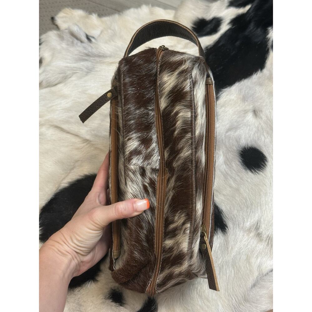 Brindle Brown White Cow Hide Leather Make Up Toiletry Travel Bag Case Flat Iron